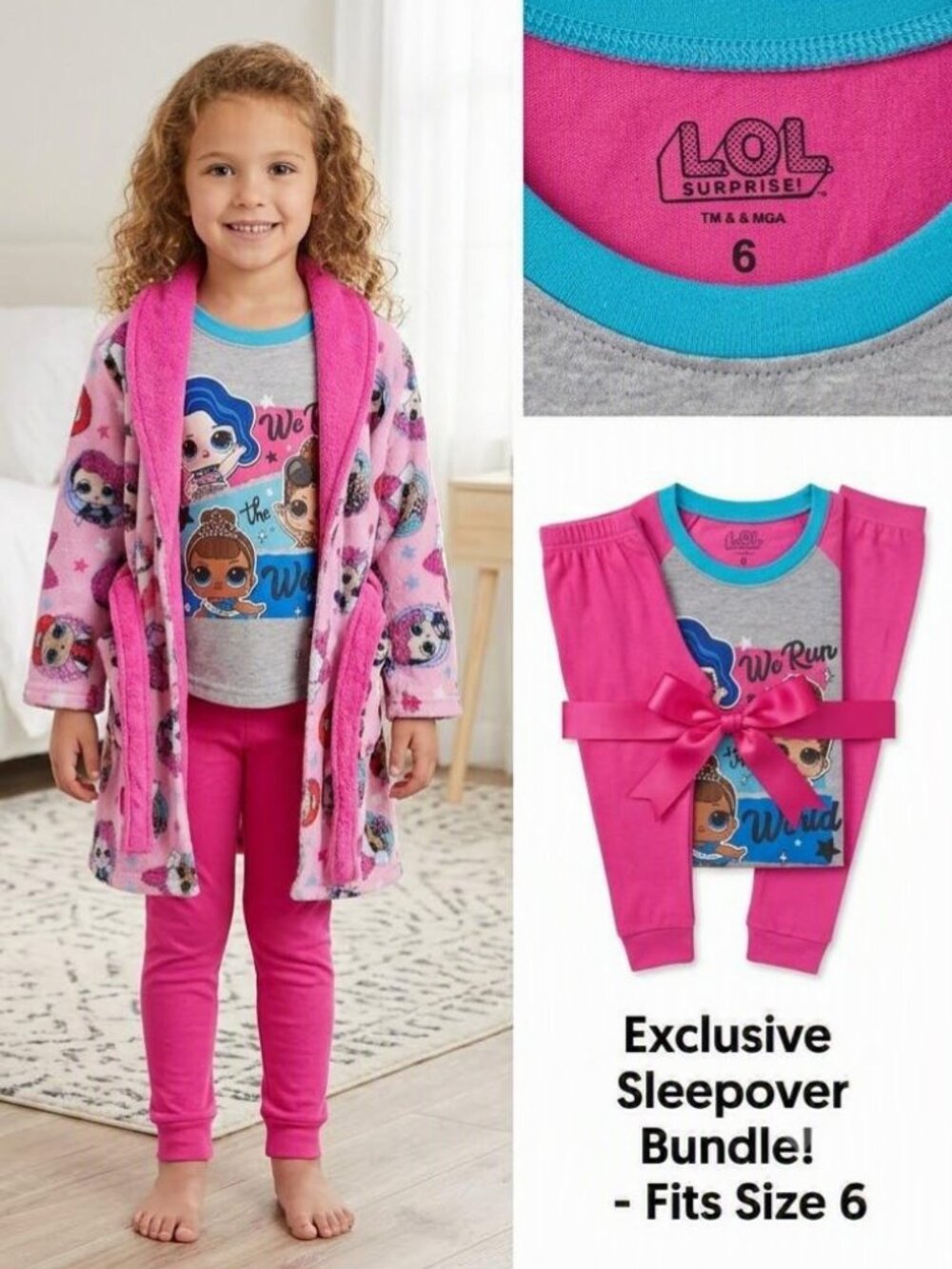 Sleepover Bundle Girls  Robe Pajama Top Pajama Bottom Pink White Graphic Size 6